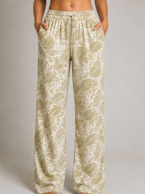 Love Wish Women Wide Leg Pants in Olive Green and Cream Leaf Print Size XL